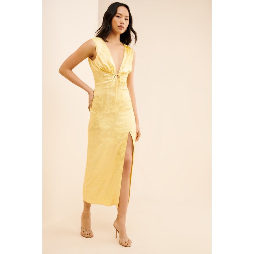 Hutch Yellow Floral Satin Jacquard V-Neck Tie Front Midi Dress Size Large L